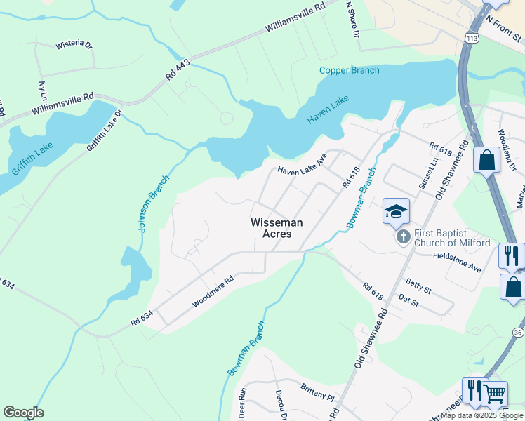 map of restaurants, bars, coffee shops, grocery stores, and more near 414 Haven Lake Avenue in Milford