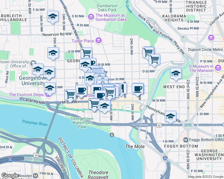 map of restaurants, bars, coffee shops, grocery stores, and more near 1247 31st Street Northwest in Washington