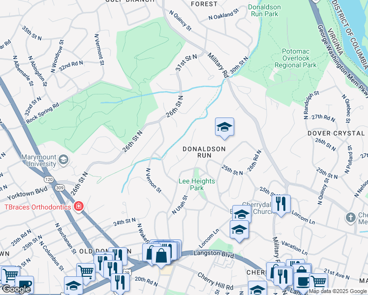 map of restaurants, bars, coffee shops, grocery stores, and more near 2622 North Upshur Street in Arlington