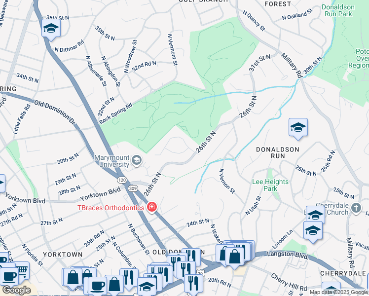 map of restaurants, bars, coffee shops, grocery stores, and more near 2700 North Wakefield Street in Arlington