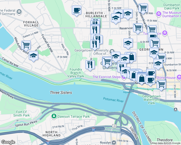 map of restaurants, bars, coffee shops, grocery stores, and more near 3861 Prospect Street in Washington