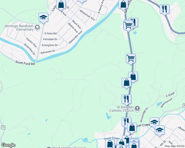 map of restaurants, bars, coffee shops, grocery stores, and more near Logan Dr in Elkins