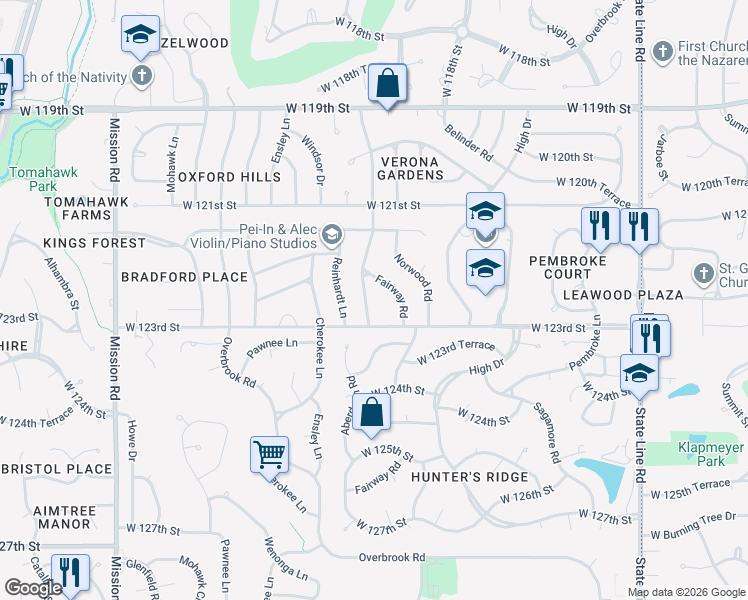 map of restaurants, bars, coffee shops, grocery stores, and more near 12204 Aberdeen Road in Leawood