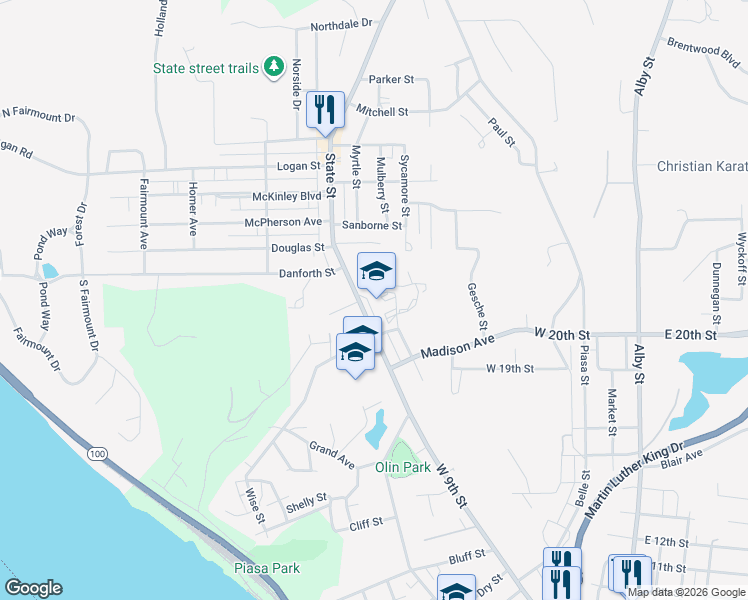 map of restaurants, bars, coffee shops, grocery stores, and more near 1513 State Street in Alton