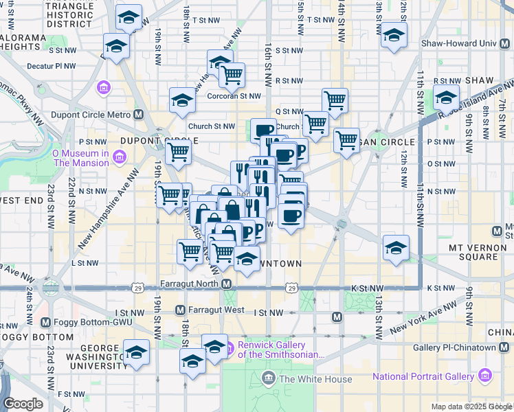 map of restaurants, bars, coffee shops, grocery stores, and more near 1608 Rhode Island Avenue Northwest in Washington