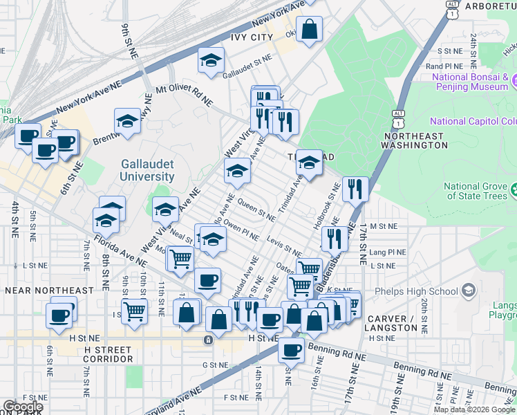 map of restaurants, bars, coffee shops, grocery stores, and more near 101 Independence Avenue Southeast in Washington