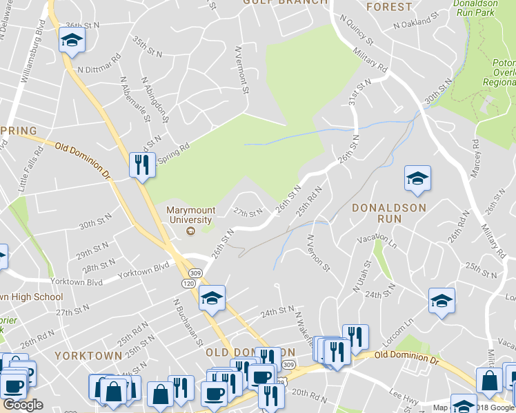 map of restaurants, bars, coffee shops, grocery stores, and more near 2700 North Wakefield Street in Arlington
