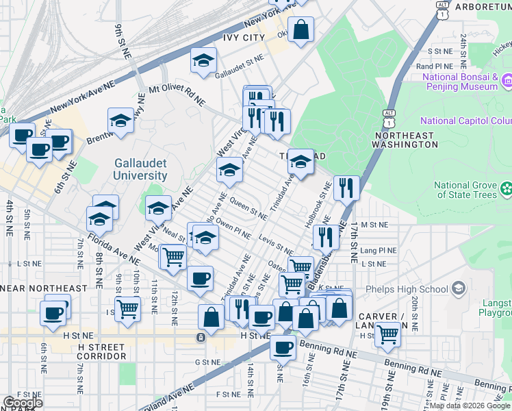 map of restaurants, bars, coffee shops, grocery stores, and more near 101 Independence Avenue Southeast in Washington