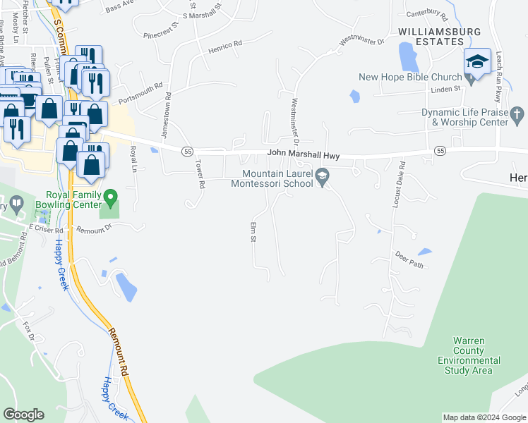 map of restaurants, bars, coffee shops, grocery stores, and more near 1230 Elm Street in Front Royal