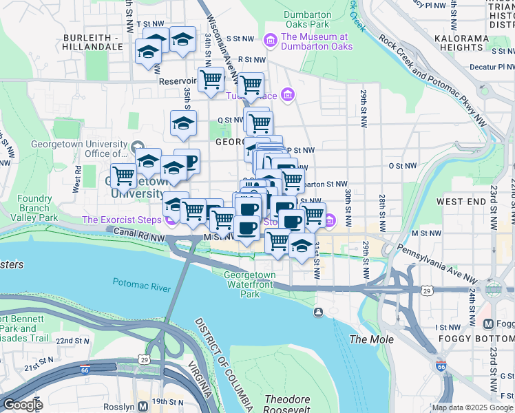 map of restaurants, bars, coffee shops, grocery stores, and more near 3250 N Street Northwest in Washington