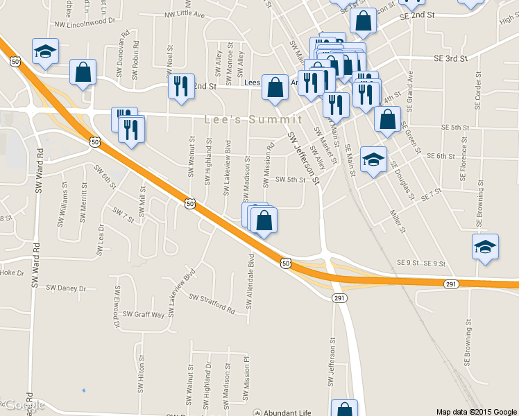 map of restaurants, bars, coffee shops, grocery stores, and more near 514 Southwest Mission Road in Lee's Summit