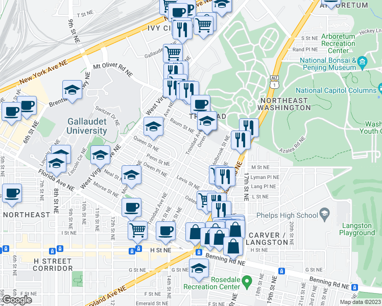 map of restaurants, bars, coffee shops, grocery stores, and more near 1300 Childress Street Northeast in Washington