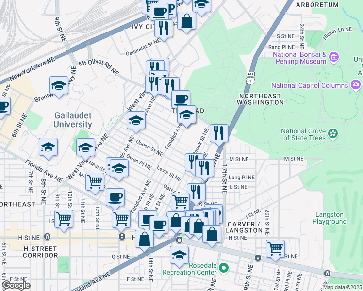 map of restaurants, bars, coffee shops, grocery stores, and more near 1310 Childress Street Northeast in Washington