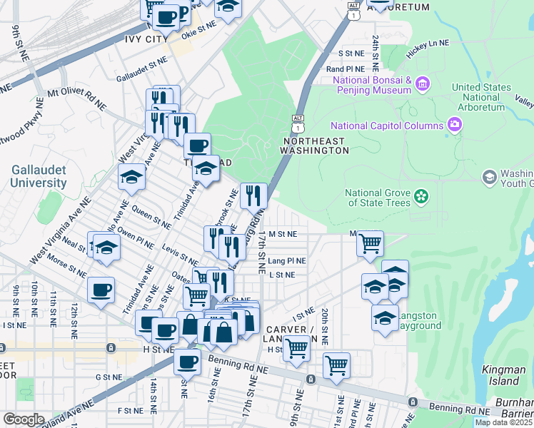map of restaurants, bars, coffee shops, grocery stores, and more near 101 Independence Avenue Southeast in Washington