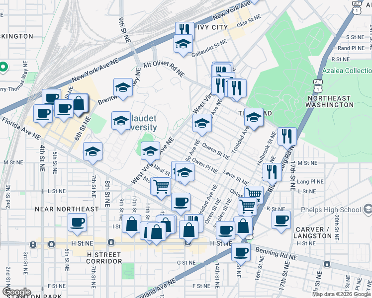 map of restaurants, bars, coffee shops, grocery stores, and more near 1125 Penn Street Northeast in Washington