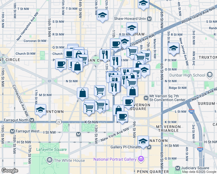 map of restaurants, bars, coffee shops, grocery stores, and more near 1229 12th Street Northwest in Washington