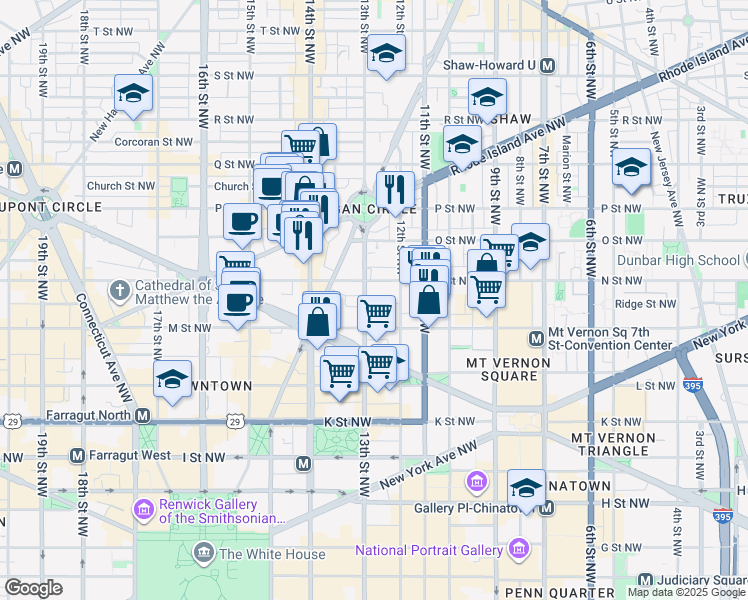 map of restaurants, bars, coffee shops, grocery stores, and more near 1225 13th Street Northwest in Washington