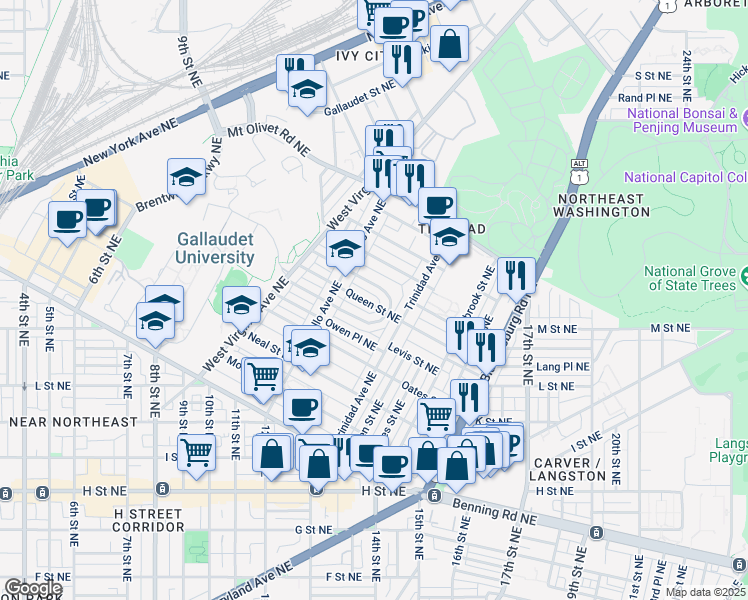 map of restaurants, bars, coffee shops, grocery stores, and more near 1246 Queen Street Northeast in Washington