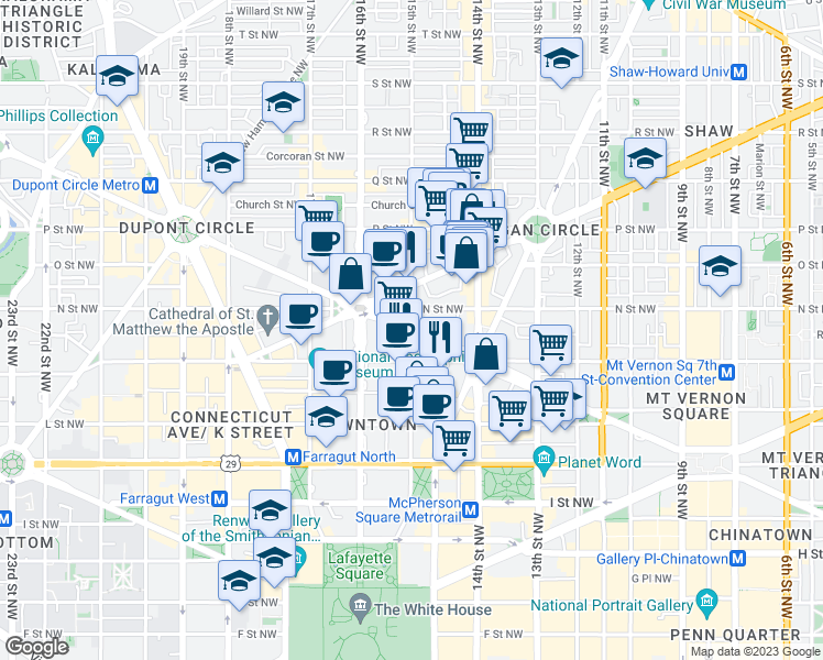 map of restaurants, bars, coffee shops, grocery stores, and more near Massachusetts Avenue Northwest & 15th Street Northwest in Washington