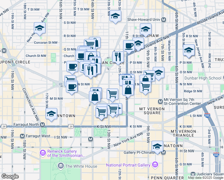 map of restaurants, bars, coffee shops, grocery stores, and more near 1225 13th Street Northwest in Washington