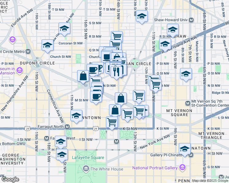 map of restaurants, bars, coffee shops, grocery stores, and more near 1200 14th Street Northwest in Washington
