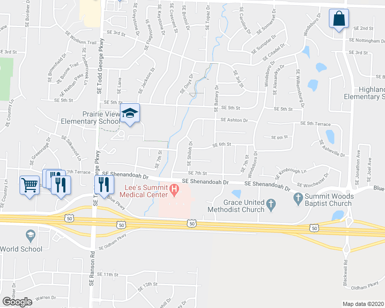 map of restaurants, bars, coffee shops, grocery stores, and more near 605 Southeast Shiloh Drive in Lee's Summit