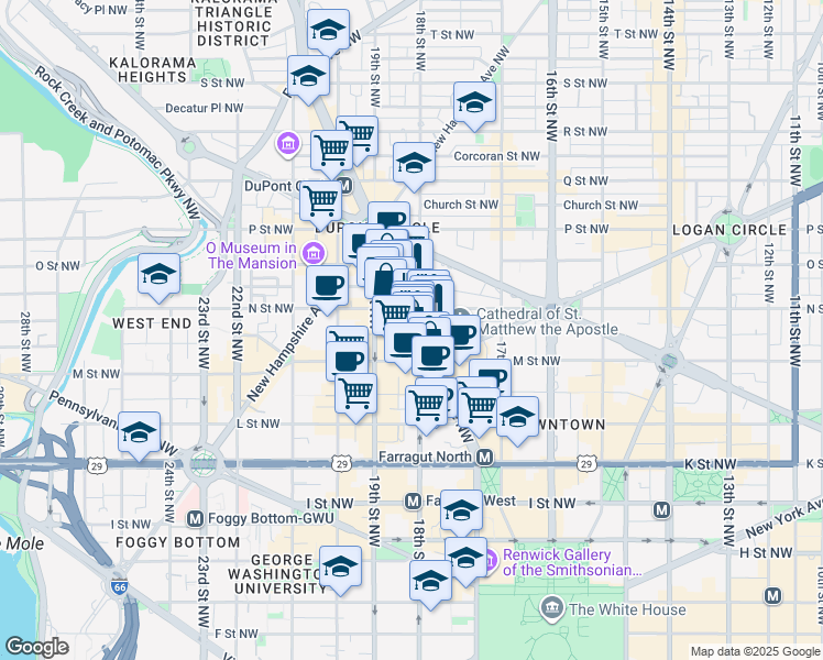 map of restaurants, bars, coffee shops, grocery stores, and more near 1218 Connecticut Avenue Northwest in Washington