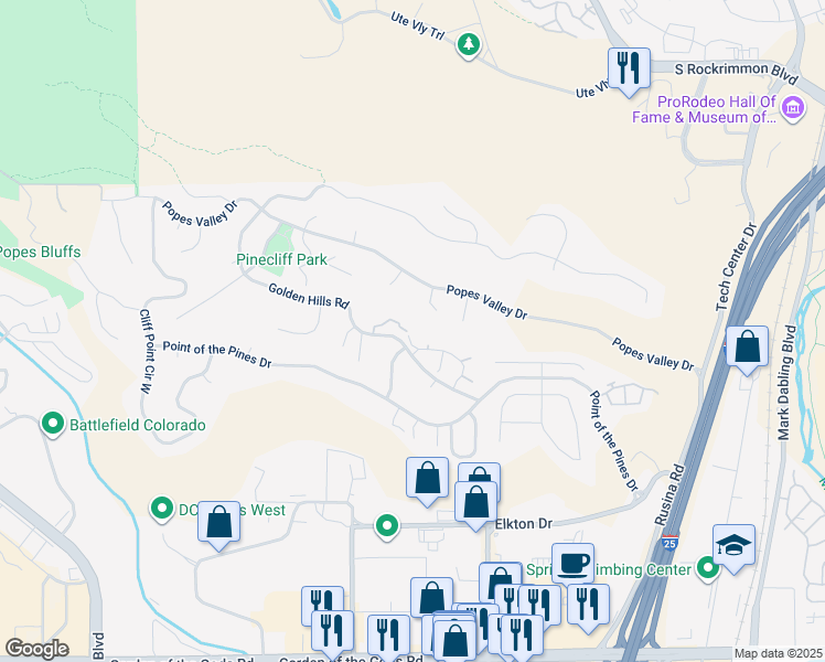 map of restaurants, bars, coffee shops, grocery stores, and more near 525 Popes Valley Drive in Colorado Springs
