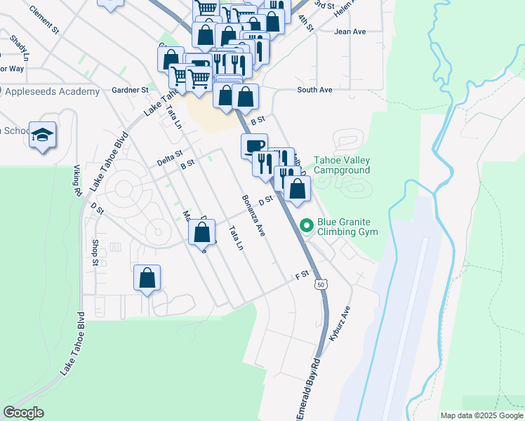 map of restaurants, bars, coffee shops, grocery stores, and more near 1190 Emerald Bay Road in South Lake Tahoe