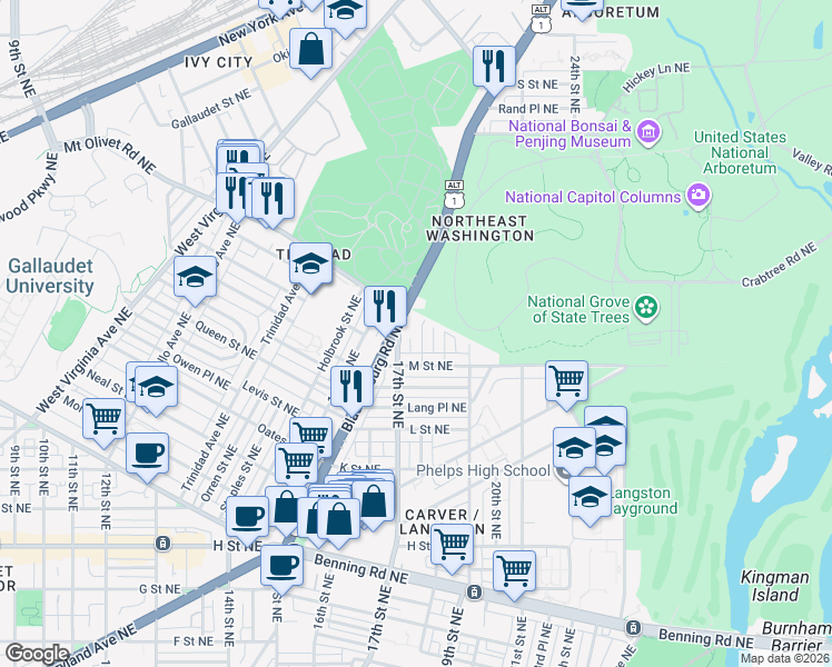 map of restaurants, bars, coffee shops, grocery stores, and more near 101 Independence Avenue Southeast in Washington