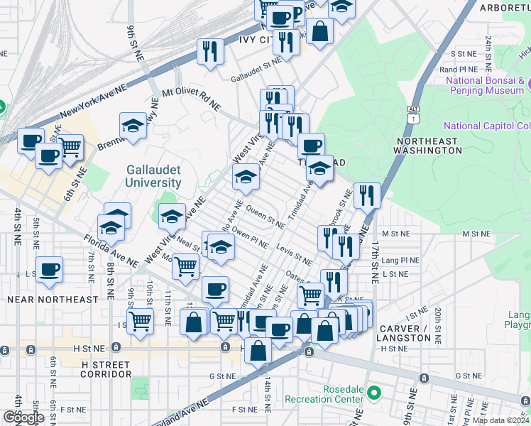 map of restaurants, bars, coffee shops, grocery stores, and more near 1246 Queen Street Northeast in Washington