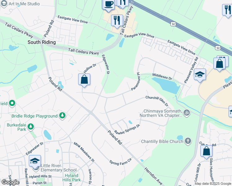 map of restaurants, bars, coffee shops, grocery stores, and more near 43744 Paramount Pl in Chantilly