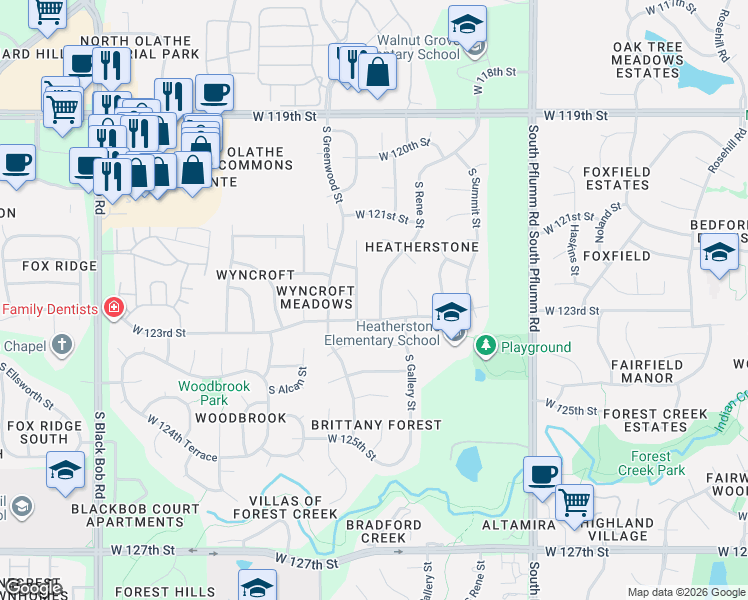map of restaurants, bars, coffee shops, grocery stores, and more near 12258 South Rene Street in Olathe