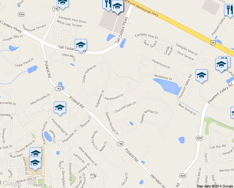 map of restaurants, bars, coffee shops, grocery stores, and more near 43744 Paramount Pl in Chantilly