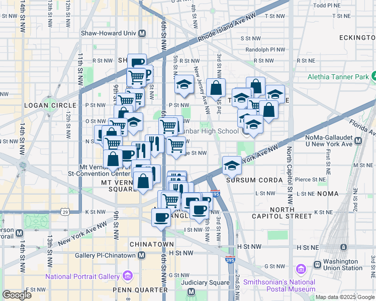 map of restaurants, bars, coffee shops, grocery stores, and more near 451 Ridge Street Northwest in Washington
