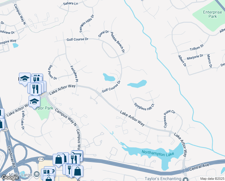map of restaurants, bars, coffee shops, grocery stores, and more near 1213 Golf Course Drive in Bowie