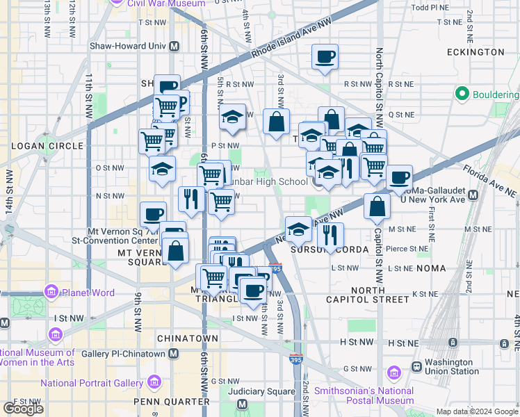 map of restaurants, bars, coffee shops, grocery stores, and more near 1222 4th Street Northwest in Washington