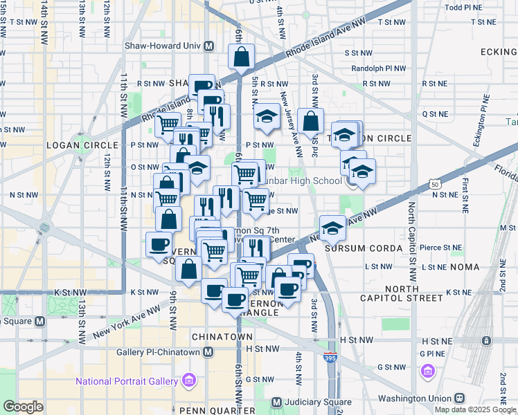 map of restaurants, bars, coffee shops, grocery stores, and more near 1225 5th Street Northwest in Washington