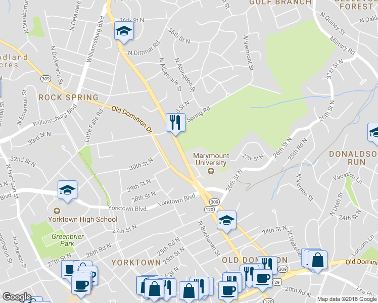 map of restaurants, bars, coffee shops, grocery stores, and more near 2927 North Glebe Road in Arlington
