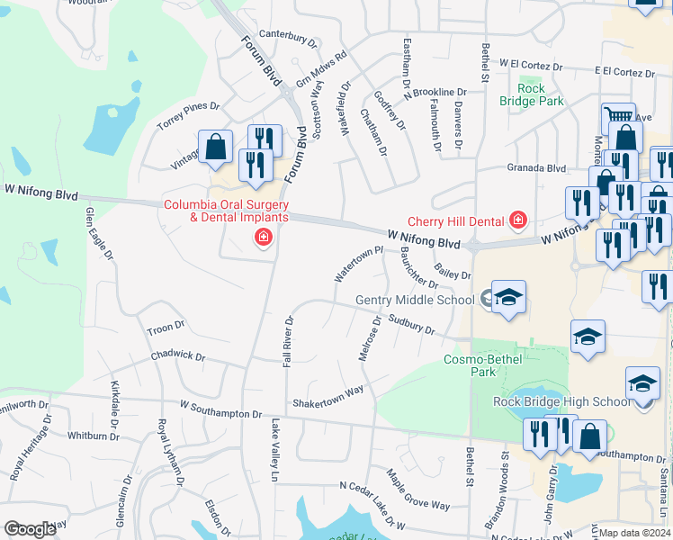 map of restaurants, bars, coffee shops, grocery stores, and more near 4111 Watertown Place in Columbia
