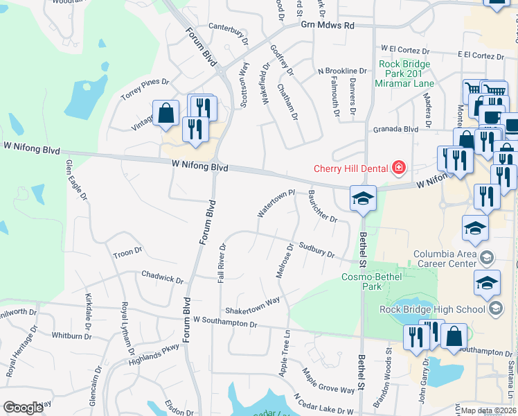 map of restaurants, bars, coffee shops, grocery stores, and more near 4111 Watertown Place in Columbia