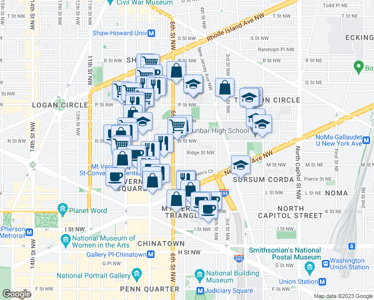 map of restaurants, bars, coffee shops, grocery stores, and more near 1225 5th Street Northwest in Washington