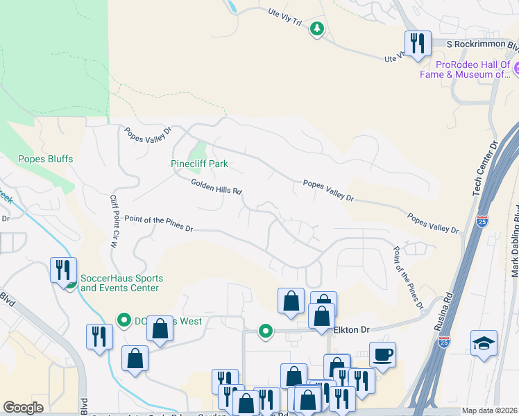 map of restaurants, bars, coffee shops, grocery stores, and more near 834 Pebblewood Drive in Colorado Springs