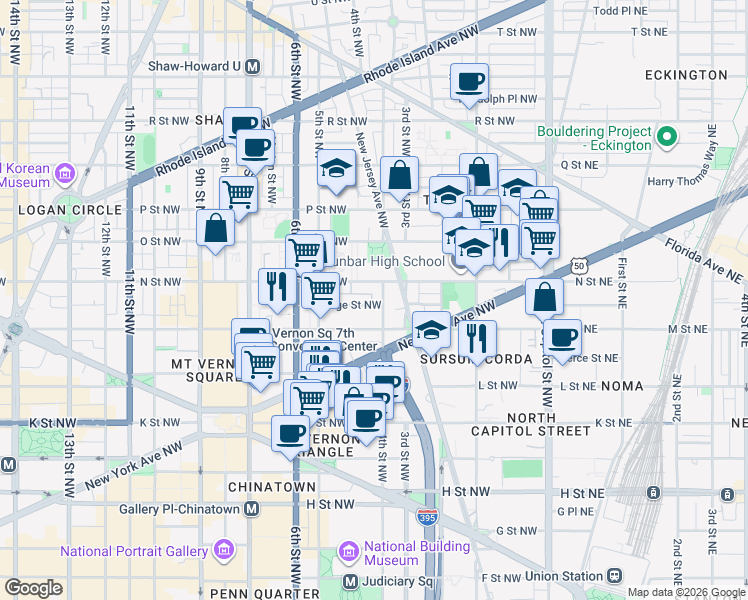 map of restaurants, bars, coffee shops, grocery stores, and more near in Washington