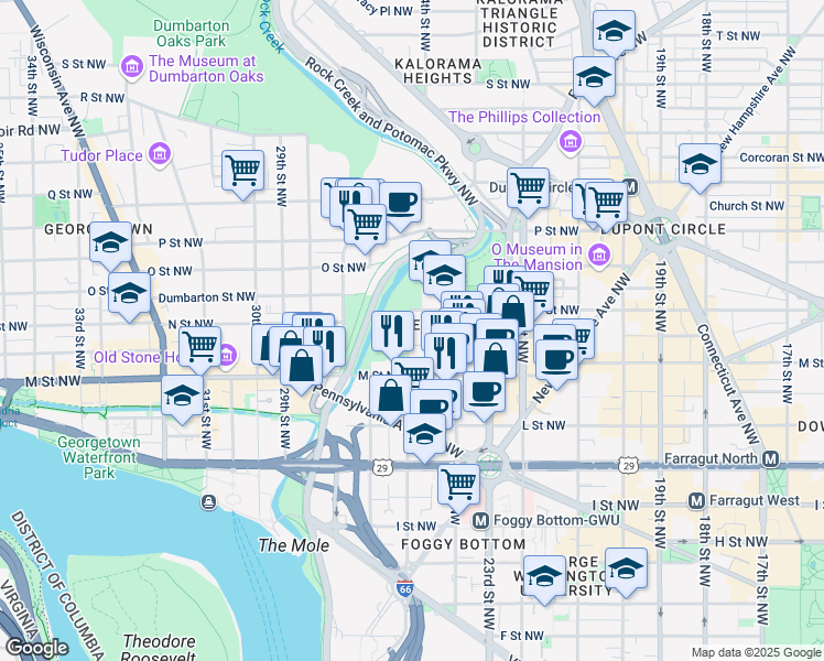 map of restaurants, bars, coffee shops, grocery stores, and more near 1275 25th Street Northwest in Washington