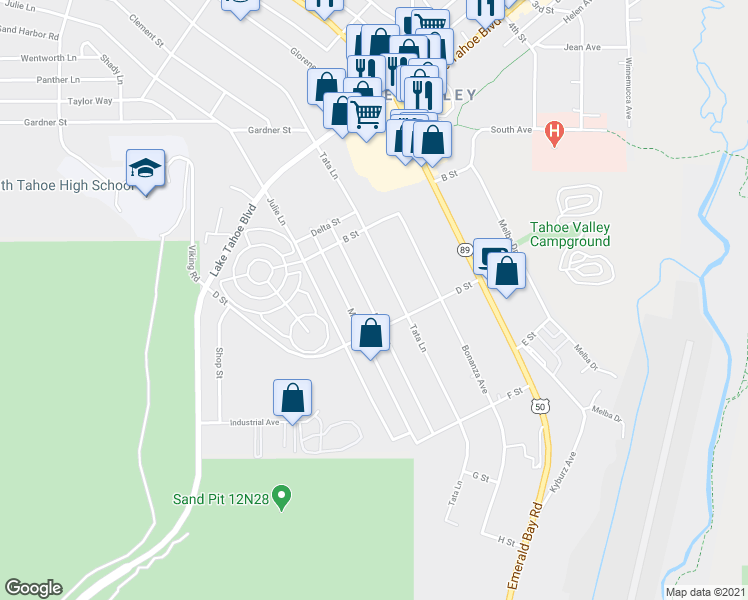 map of restaurants, bars, coffee shops, grocery stores, and more near 1157 Dedi Avenue in South Lake Tahoe
