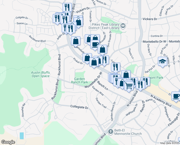 map of restaurants, bars, coffee shops, grocery stores, and more near 5526 North Academy Boulevard in Colorado Springs