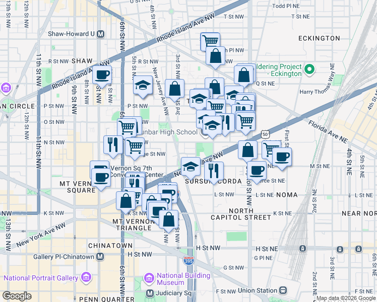 map of restaurants, bars, coffee shops, grocery stores, and more near 101 Independence Avenue Southeast in Washington
