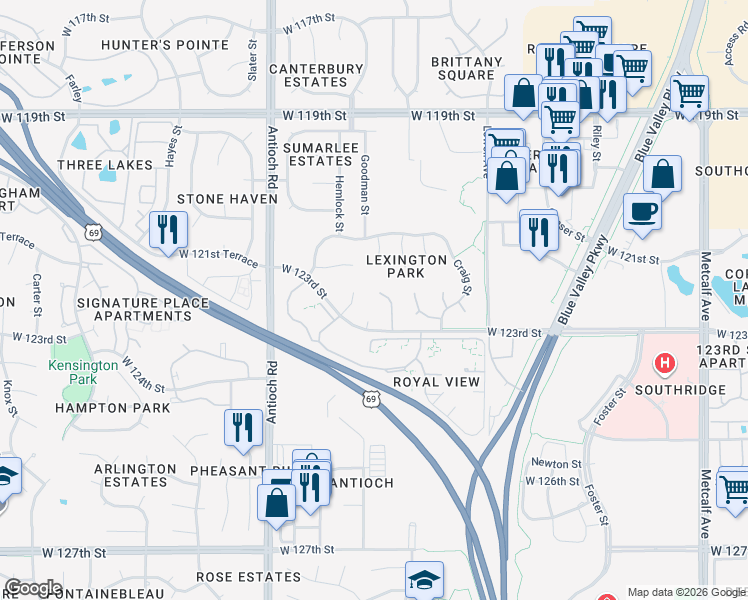 map of restaurants, bars, coffee shops, grocery stores, and more near 12213 Goodman Street in Overland Park