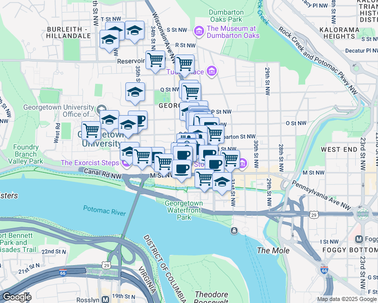 map of restaurants, bars, coffee shops, grocery stores, and more near 3250 N Street Northwest in Washington